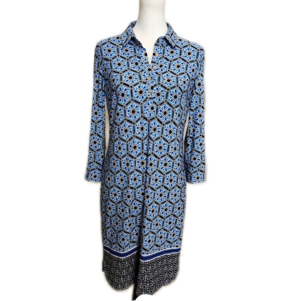 Donna Morgan Collared 3/4 Sleeve Blue Black & White Patterened Dress 6